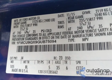 2016 Ford Escape Se from USA, damaged, VIN 1FMCU9GX9GUB75094